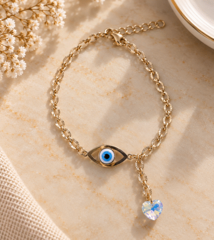 Pulseira em Aço C/ Olho Turco e Pendente c/ Coração