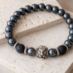 Pulseira de Hematite & Rocha Vulcânica com Cabeça de Leão