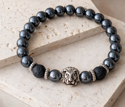 Pulseira de Hematite & Rocha Vulcânica com Cabeça de Leão