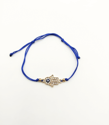Pulseira Ajustável C/ Fio azul, Mão de Fátima e Olho Turco)