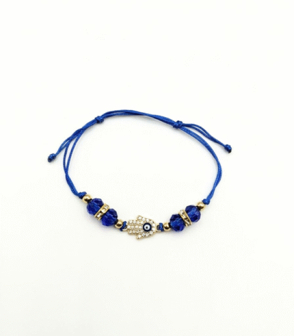 Pulseira Ajustável C/ Fio azul, Contas,  Mão de Fátima e Olho Turco